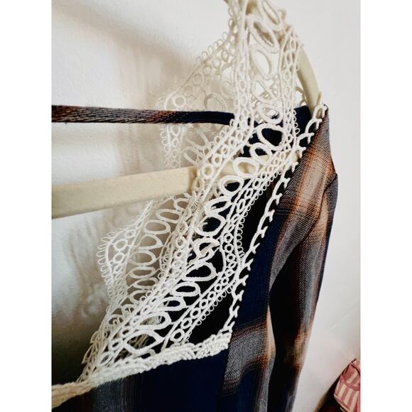 Joyfolie Plaid Lace Trim Peasant Blouse Top Small Sample Boho Cottagecore S - Picture 5 of 8